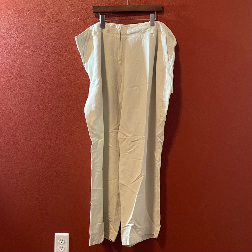 Calvin Klein Women’s NWT Khaki Off White Linen Blend Wide Leg Coastal Pants
